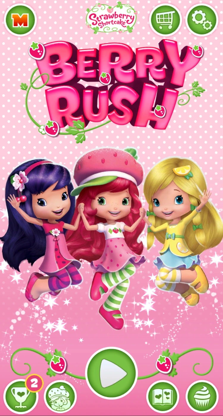 Strawberry Shortcake: BerryRush home screen with Strawberry Shortcake and her friends, the Berry Rush logo and the green Play button