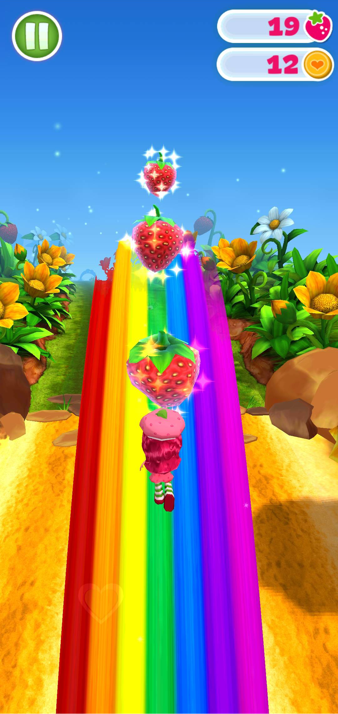 Catch a rainbow boost and collect strawberries at speed.